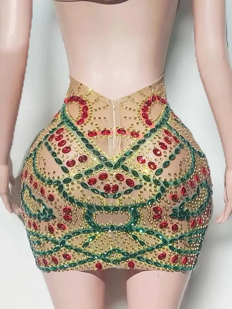 Abito con bretelle in rete trasparente con strass colorati di alta qualità 2025 Abbigliamento da donna personalizzato di nuova moda