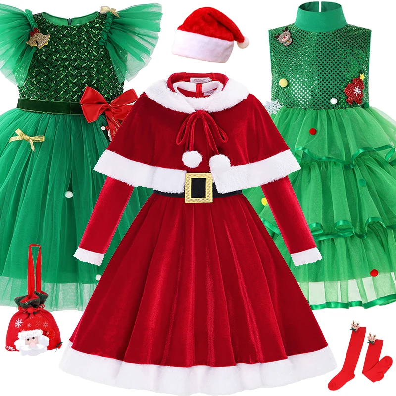 Children's Christmas Dresses Santa Claus Baby Girls Xmas Clothes Cosplay Costume Kids Christmas Tree Cosplay Dresses 2-10 Years