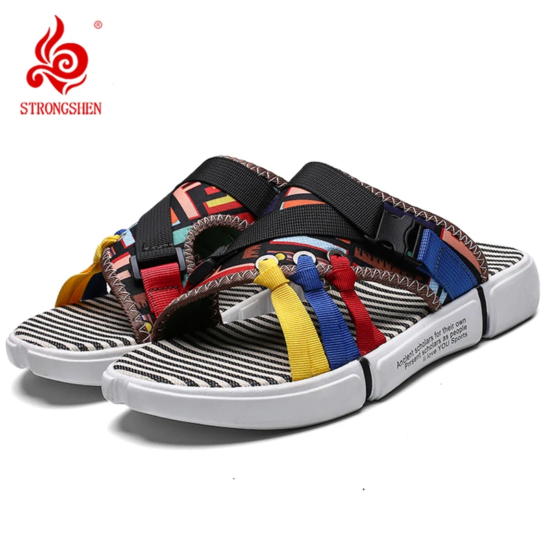 STRONGSHEN Summer Men Breathable Ethnic Style Pattern Non-Slip Sole Tide Slipper Outdoor Beach Casual Slipper Zapatos Hombre