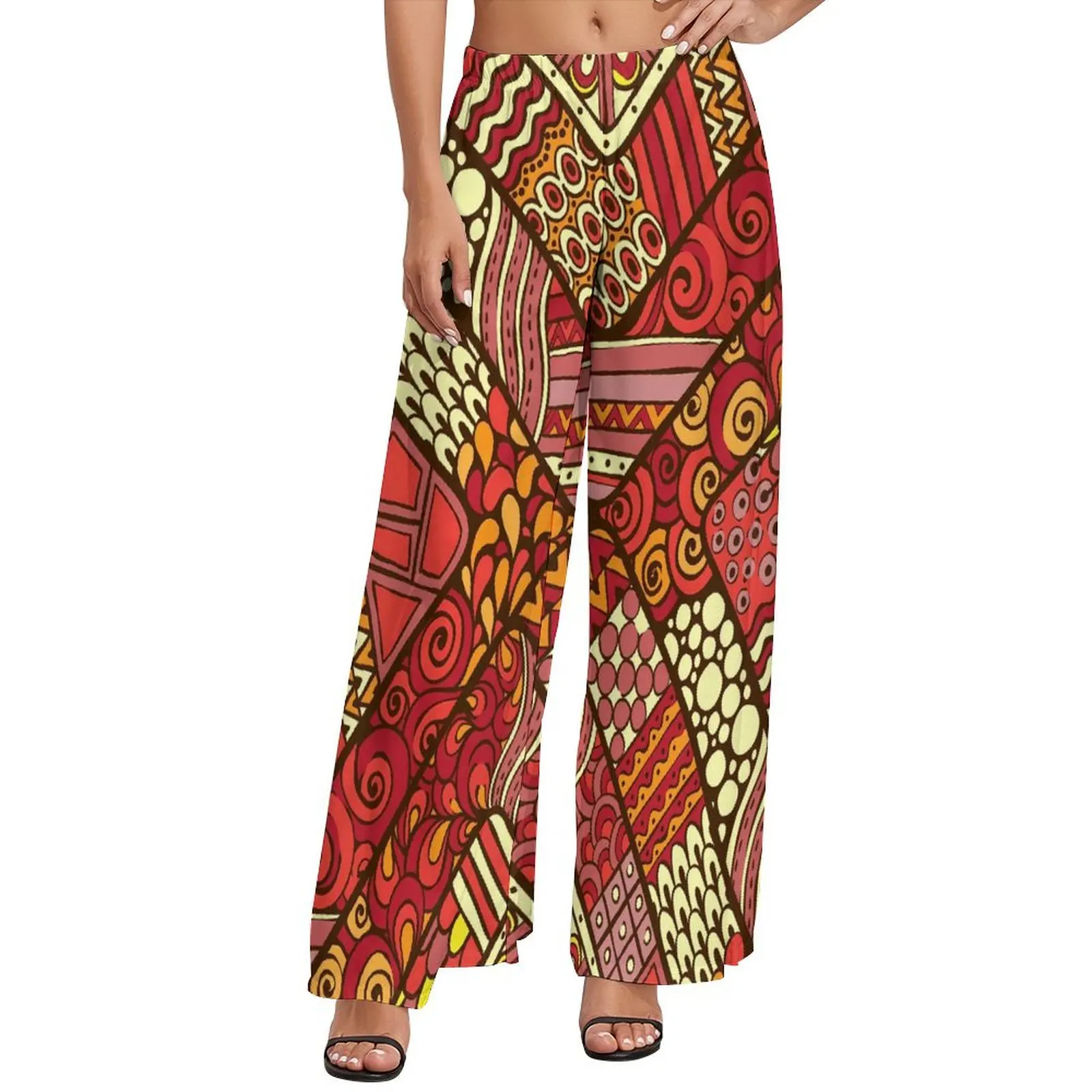 

Abstract Tribal Pants Red Patchwrok Print Classic Wide Pants Women Oversize Street Style Graphic Straight Trousers