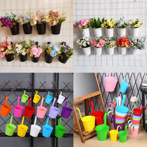 Flower Pots Hanging Flower Pots with Drainage Holes Fence Hanging Garden Pots Balcony Planters Metal Bucket Flower Holders