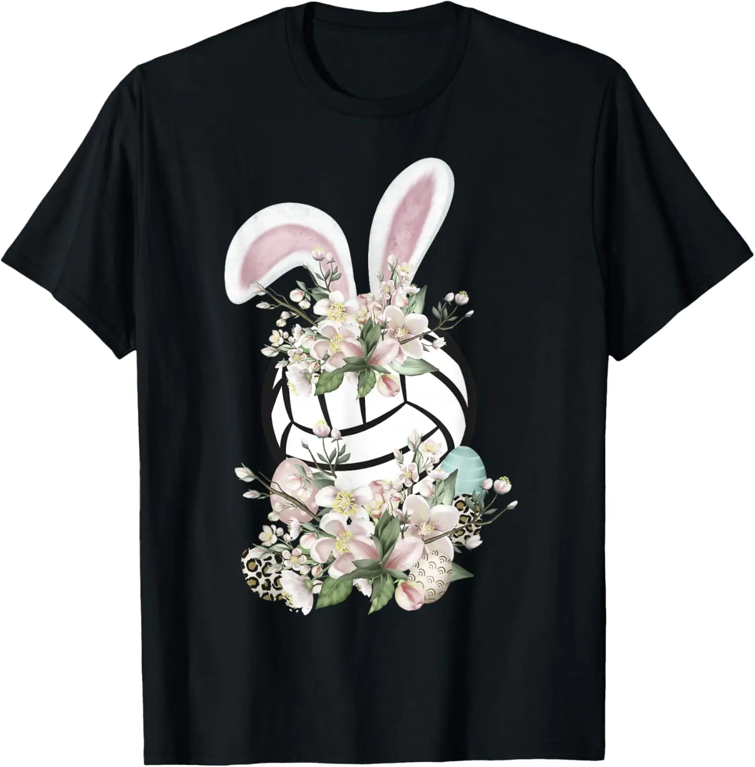 

Volleyball Bunny Ears Easter Flowers Graphic Tee Spring Season Cotton Short Sleeve T-Shirt