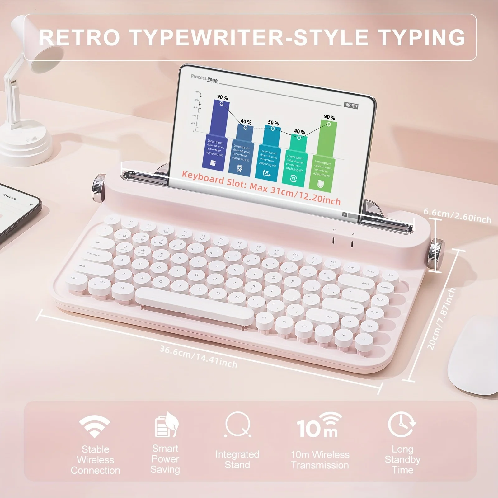 Pink Retro Wireless Keyboard with Wireless, Ergonomic Design & Adjustable Stand - Compact 84-Key Typewriter Style for Multiple D