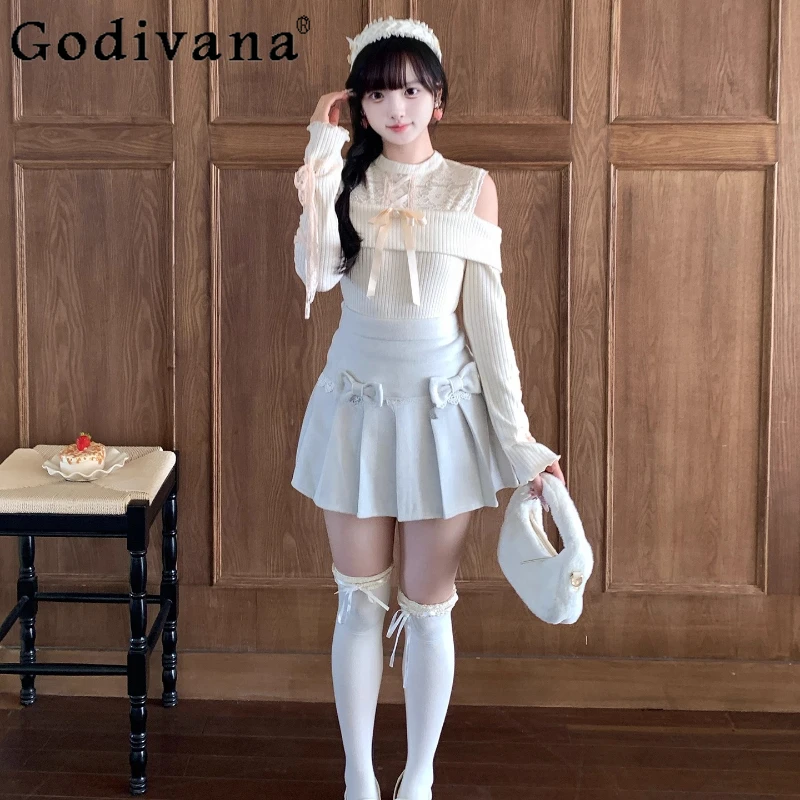 

Clear Series Cute Sweet Knitted Top Sweater Skirt Outfits Women Original New Lolita Style Suits Female Japanese Two Pieces Set