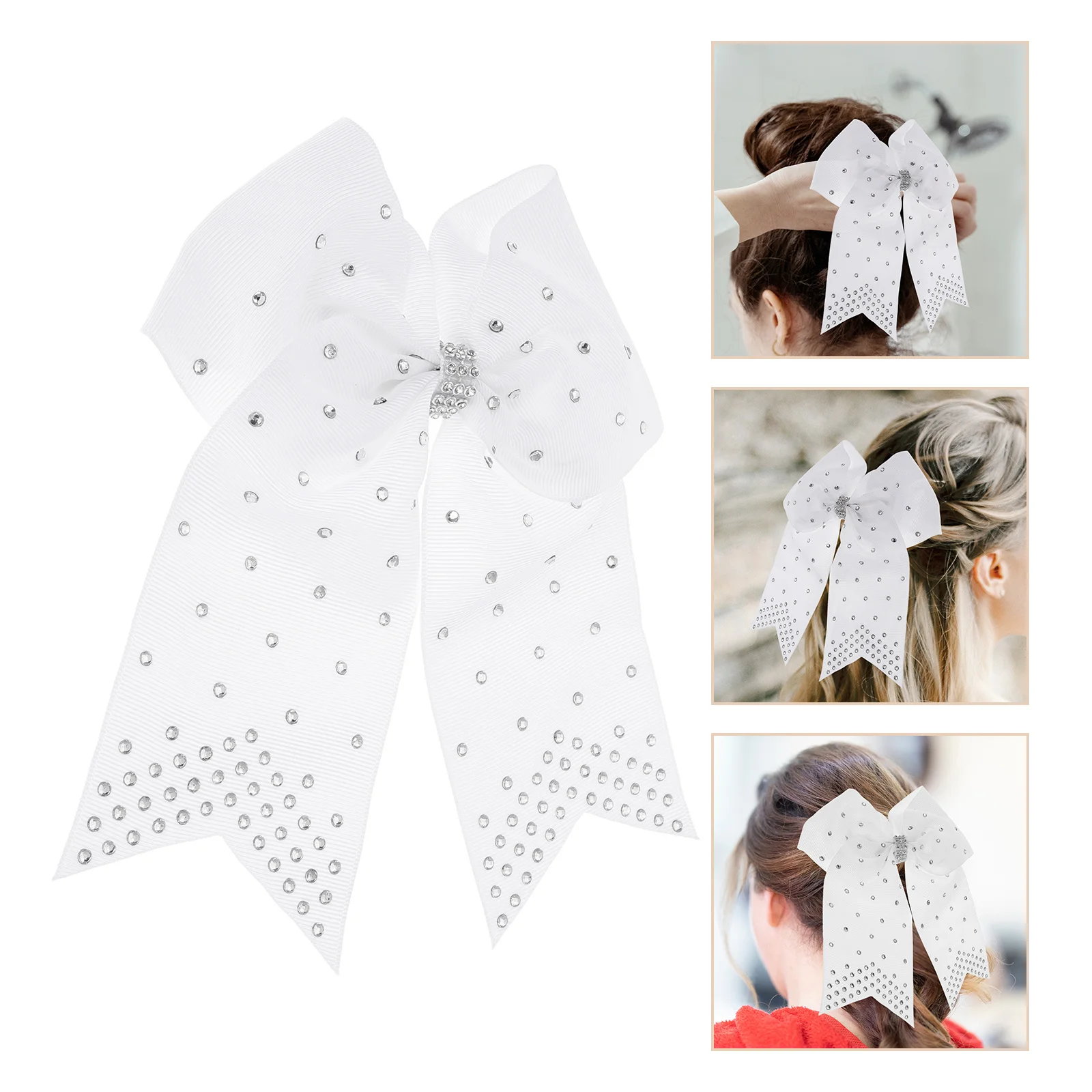 

6Pcs Rhinestone Cheer Bows 7Inch Large White Glitter Hair Ties for Cheerleading Dance Party Softball Football Accessories