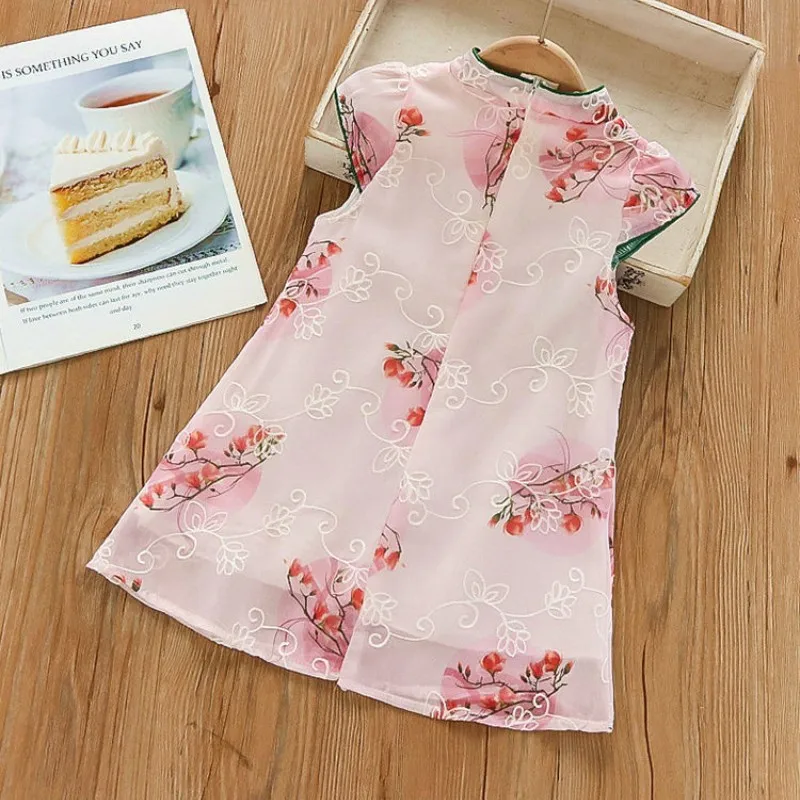 Crianças meninas vestido de verão estilo chinês hanfu cheongsam vestido infantil bebê menina princesa vestido