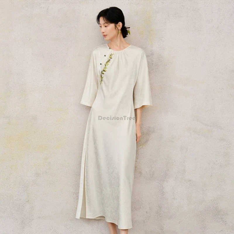 Chinese national style long cheongsam dress round collar gauze dress women spring summer Loose daily Bamboo Embroidery qipao
