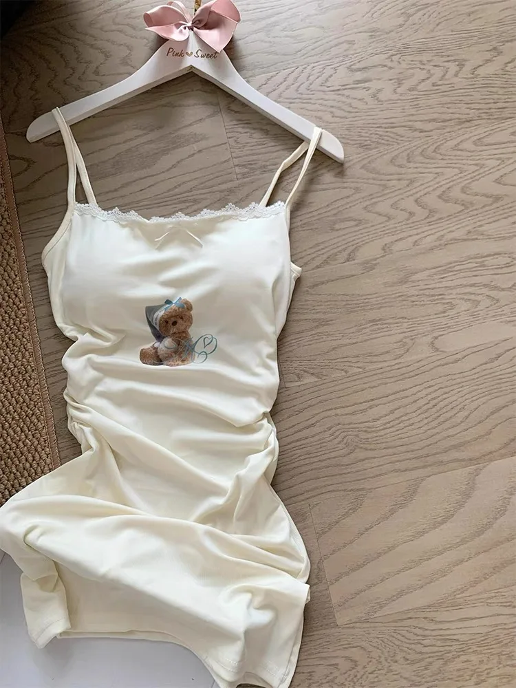 Csola Fena de Desenho Animado de Urso, Tamanho ande, com Alças e Renda, Roupa de Dormir para Casa, Vestido de Cri...