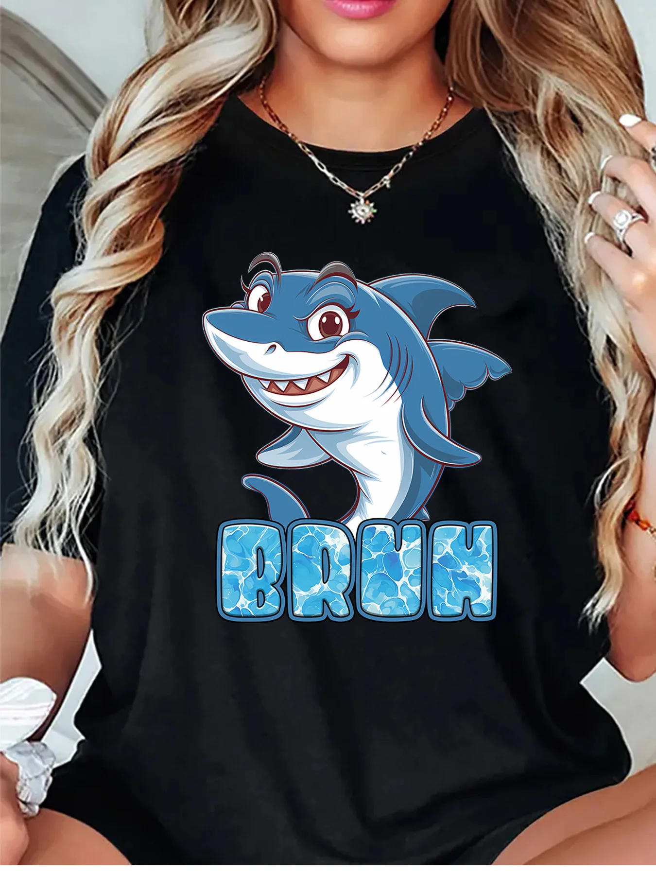 Cute Bruh Cartoon Shark Ocean Wave Text Design Art Print Graphic Womens T Shirt Short Sleeve Crew Neck Casual Ladies Tee Tops
