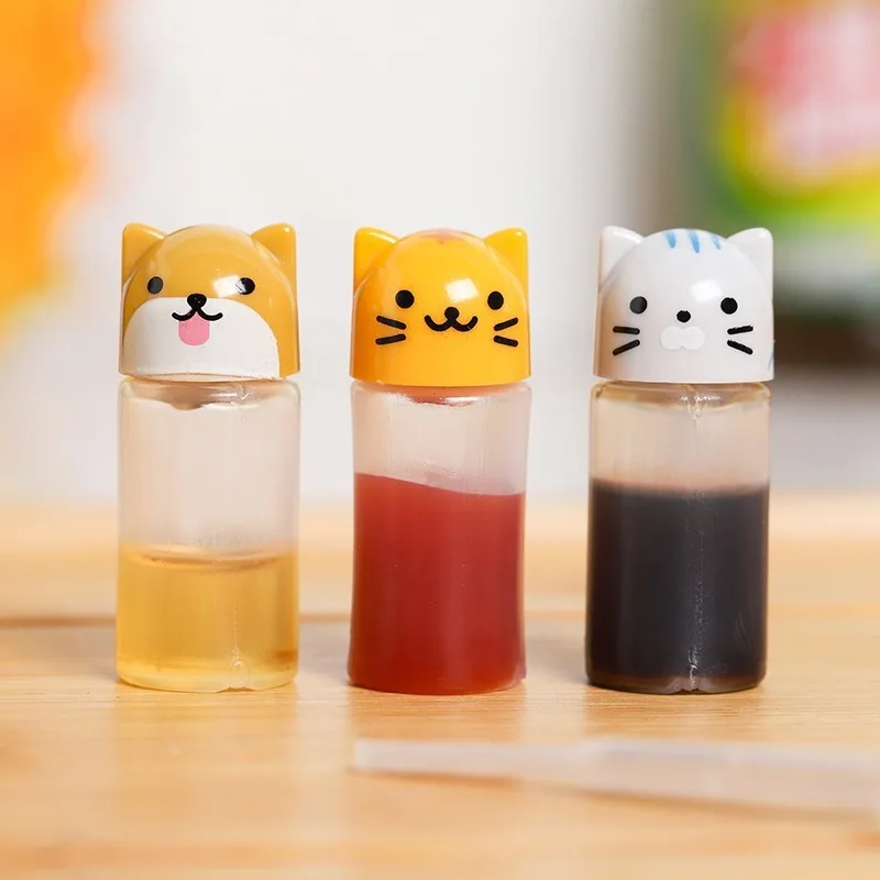 Juego de 3 Mini Botellas para Salsas y Condimentos, Contenedores Pequeños con Diseño de Gato y Perro, para Lonchera Bento, Accesorios de Cocina, Estilo Caricatura
