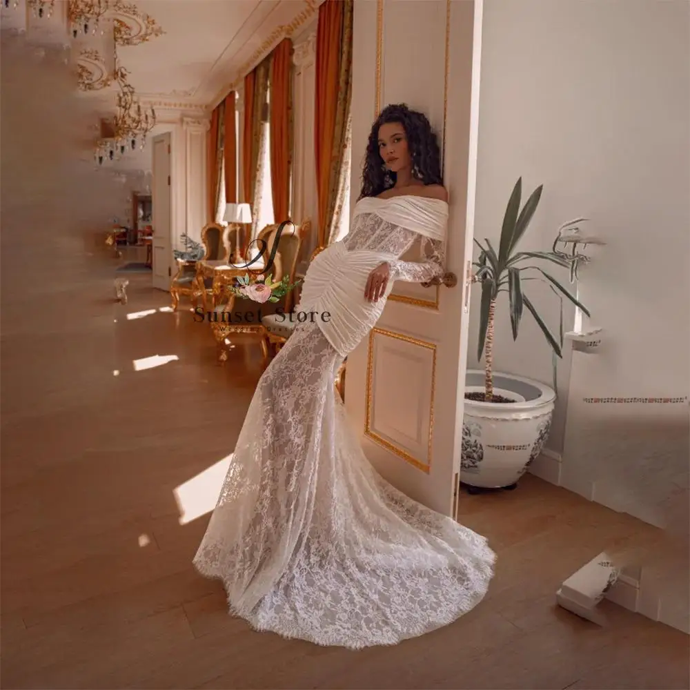 Customized Exquisite Lace Appliques Mermaid Wedding Dress Customized Off The Shoulder Long Sleeves Illusion Sweep Train Bridal G