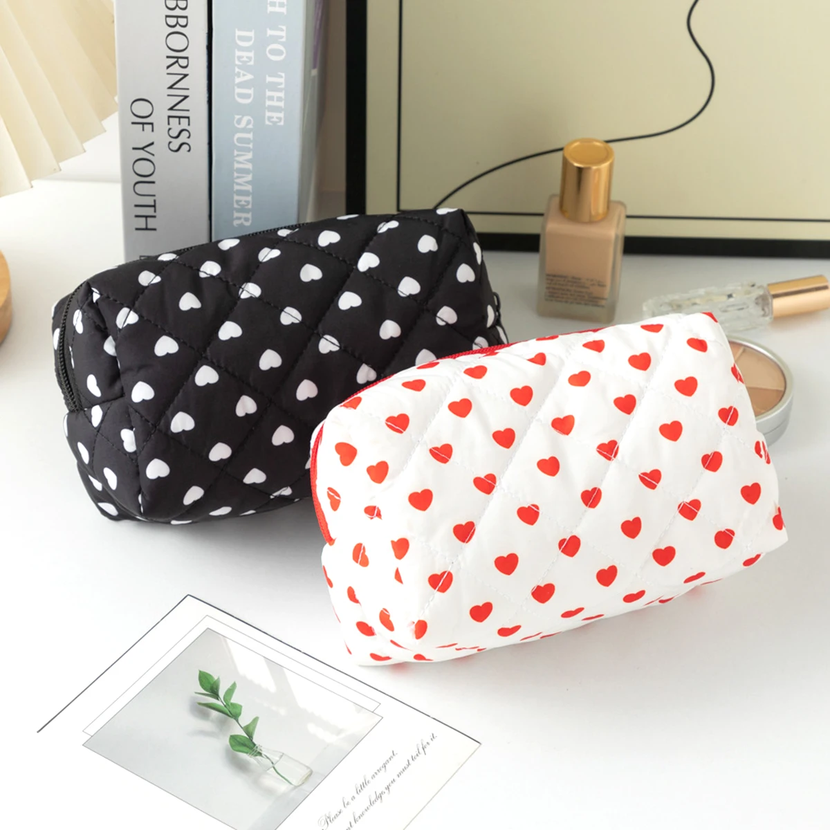 Cute Heart Pattern Makeup Brush Bag,Cotton Drawstring Cosmetic Pouch for Women, Travel Toiletry Storage Organizer Gift