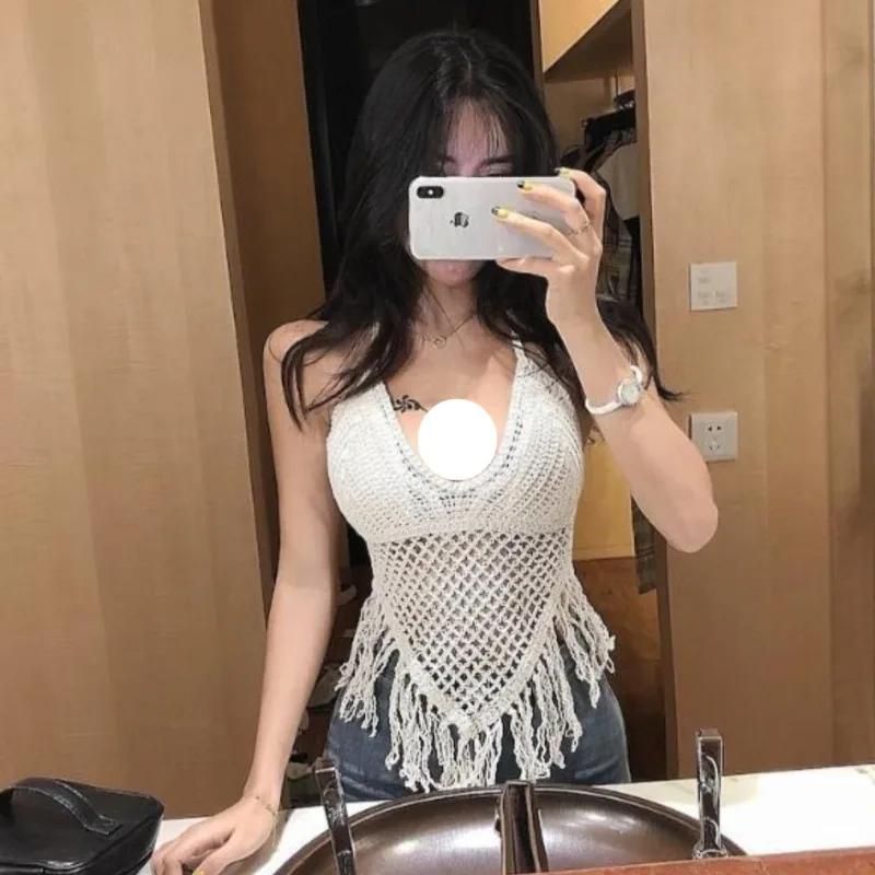 Hemdje Vrouwen Retro Stijl Y2k High Street Hollow Out Knit Sexy Dames Harajuku Hotsweet Clubwear Zomervakantie Kwastje Ontwerp