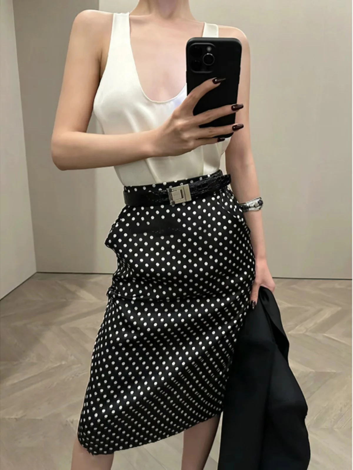 

Elegant Polka Dot Print Satin Vest Top And Skirt Set U-Neck Low Chest Versatile Mid-Length Half Body Spring Summer Fashion