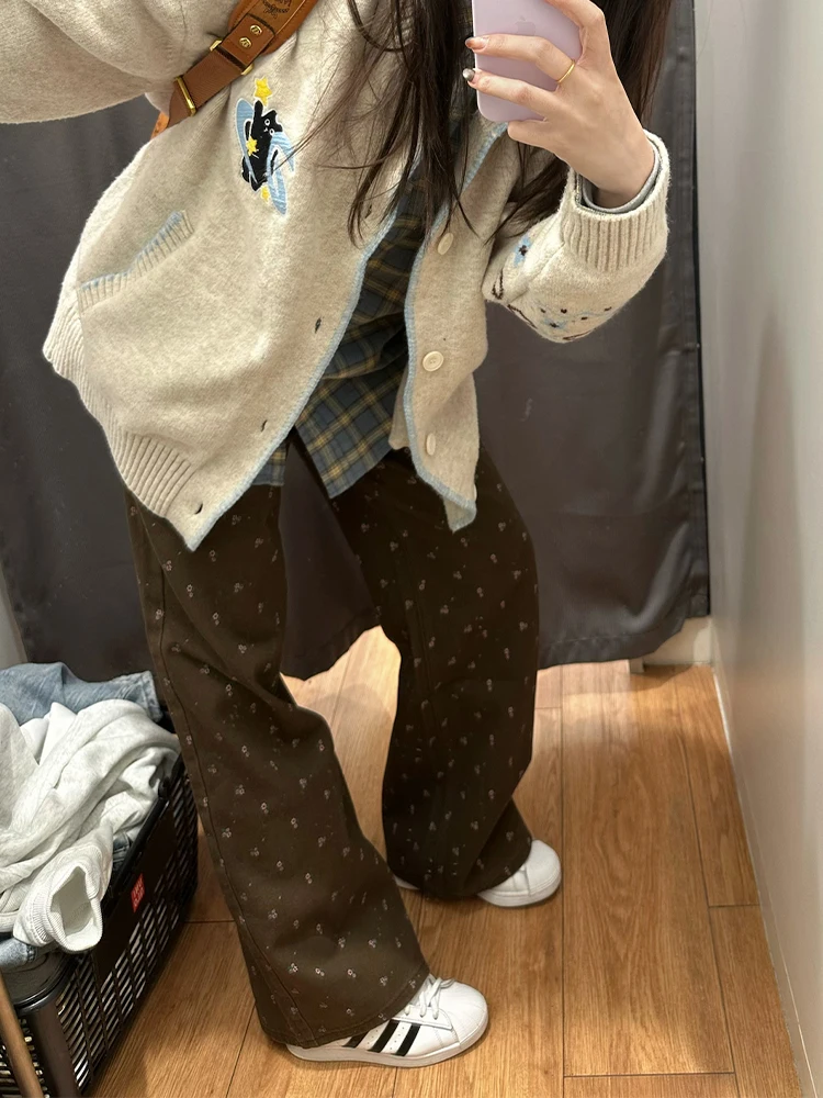 

Retro BF Lazy Wash Floral Cinnamon Wide Leg Jeans Women's Summer Slim Fit High Waist Denim Pants Casual High Quality Spring A...