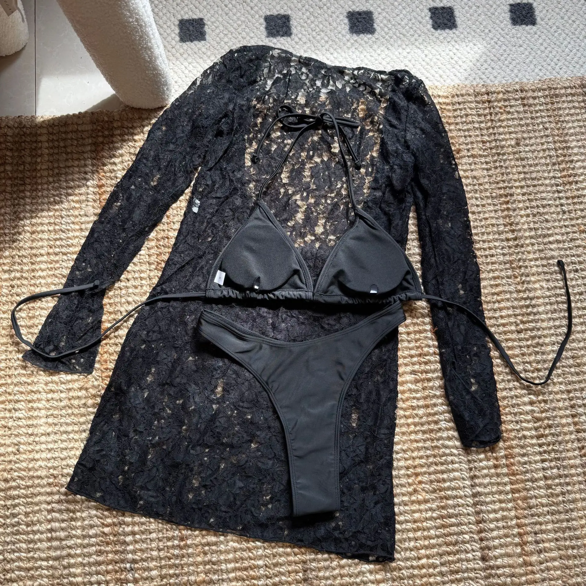 Seksowne, proste zestawy bikini, trzyczęściowe, z długim rękawem, koronkowe sukienki, prześwitujące stroje kąpielowe, kostiumy kąpielowe, stroje plażowe, tankini.