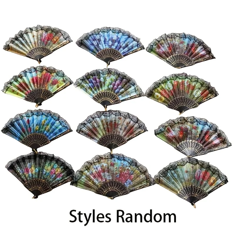 12PCS Vintage Spanish-Style Lace Folding Fans (Random Colors) - Featuring Nostalgic Floral Cut-Outs And Plastic Ribs. Elegant Eu