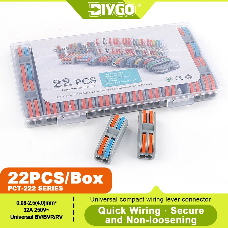 DIY GO 22PCS Lever Wire Connectors Push-in Quick Connect Wire Connectors Compact Terminals for Electrical Wire Splicing 2 to 2