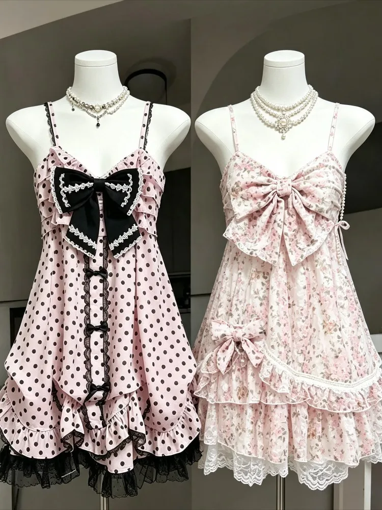 Y2K Spitzen-Lolita-Kleid für Damen, süßes Vintage-Rüschenkleid mit Schleife, japanisches Slim-Fit-Bandage-Kleid, Sommerneuheit 2026