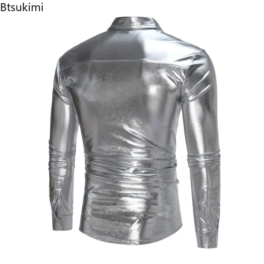 2025 Fashion Men's Personalized Printing Long Sleeve Shirts Metallic Coated Sexy Slim Button-down Shirts Party Nightclub Costume