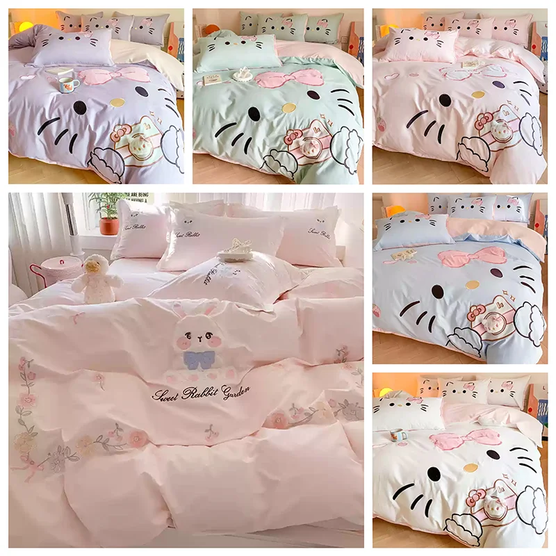 

Sanrio Cotton Cartoon Kitty Bedding Set Cute Four-Piece Pure Cotton Duvet Cover Sheet Children'S Home Textile Bedding Set