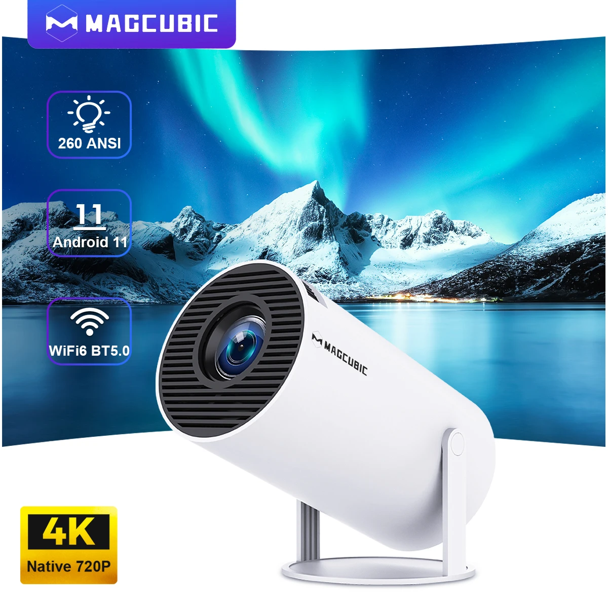 Magcubic Android 11 Wifi6 260ANSI Projector AllwinnerH713 1280*720P 4K180° flexible BT5.0 Home Cinema Outdoor portable Projetor