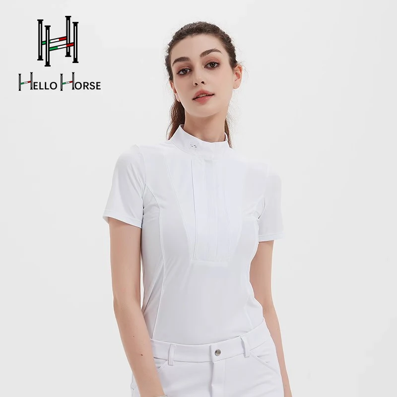 مرحبا الحصان الفروسية تي شيرت ملابس الفروسية الكبار متسابق الملابس الفروسية المنافسة قصيرة الأكمام أعلى تنفس متسابق والعتاد