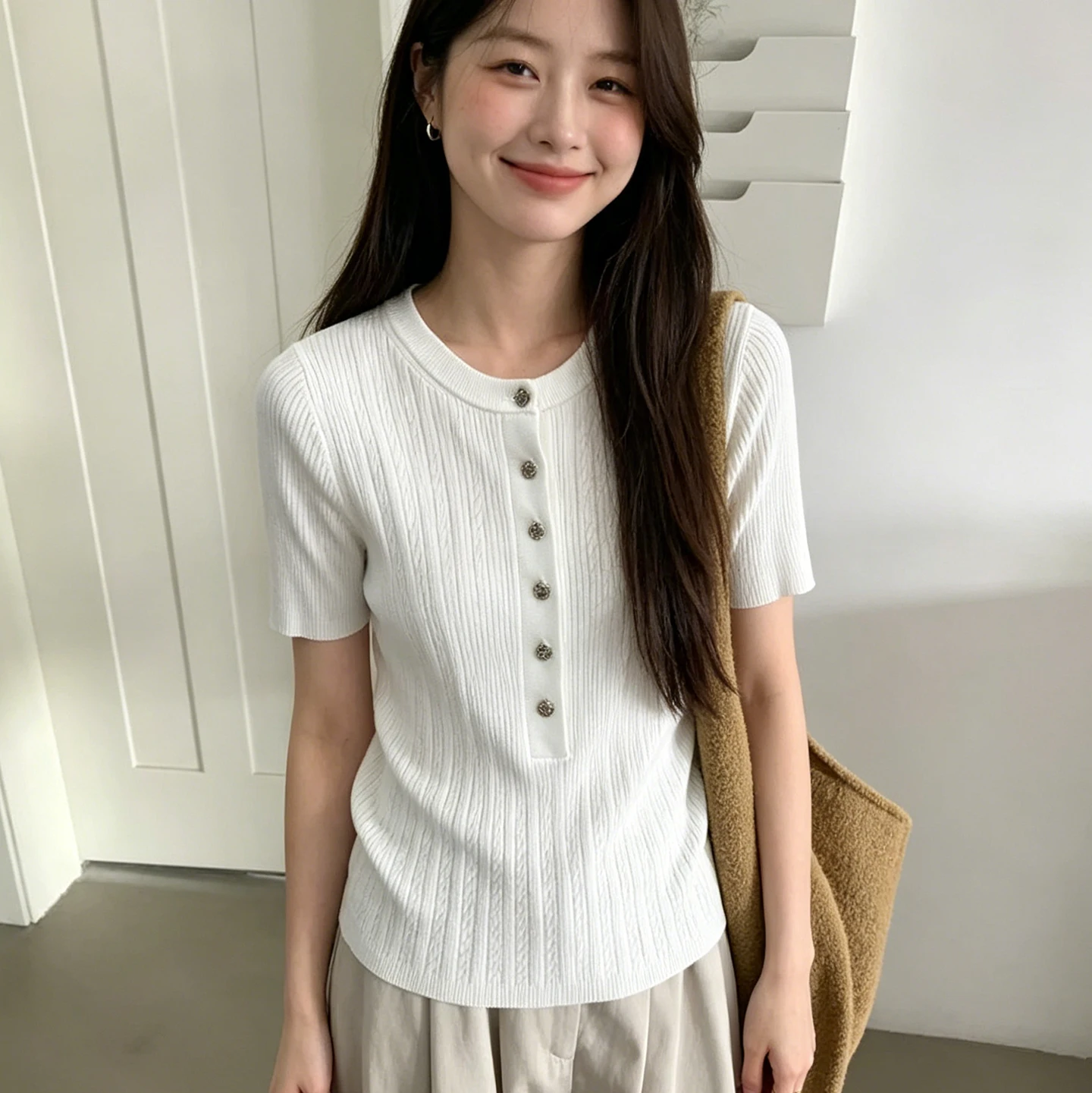 Women'sKorean button-fit slim-fit round neck twist knitted sweater women's short-sleeved slim-fit and thin versatile T-shirt top