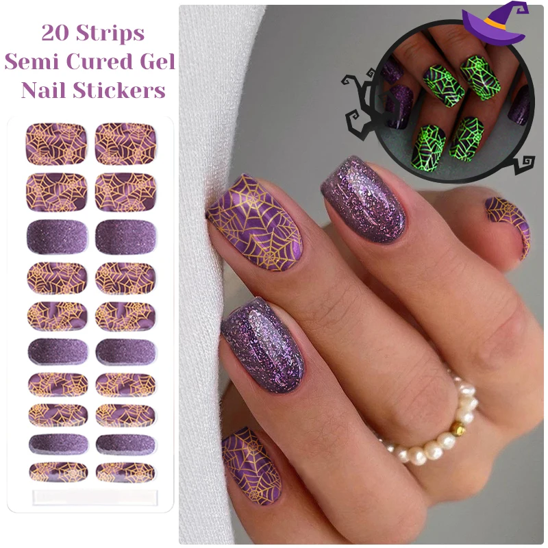

Halloween Luminous Semi Cured Gel Nail Strip Snowflake Spider DIY Gel Polish Stickers for Nails Works with UV/LED Nail Lamps