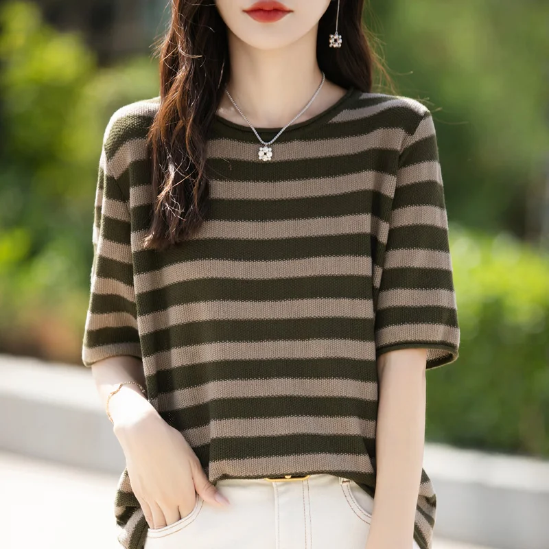 

2026 New Women's Short sleeved 100% Cotton O-neck Knitted T-shirt Striped Casual Fashion Hot Selling Women's T-shirt