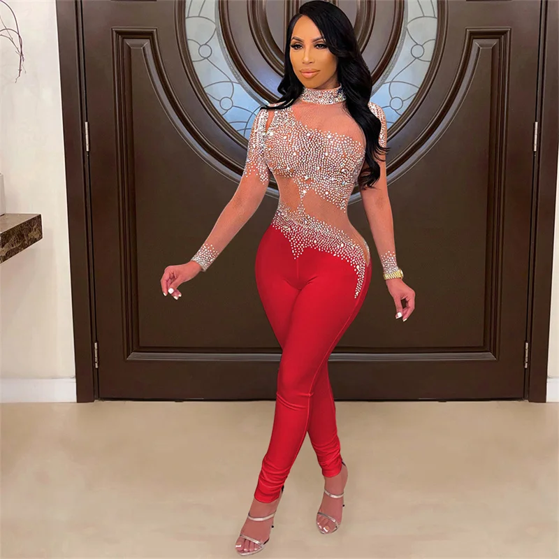 Fashion Diamante Decoration See-through Mesh Jumpsuit Slim Fit Women Stand-up Collar Long Sleeve Rompers Female Sexy Nightclub