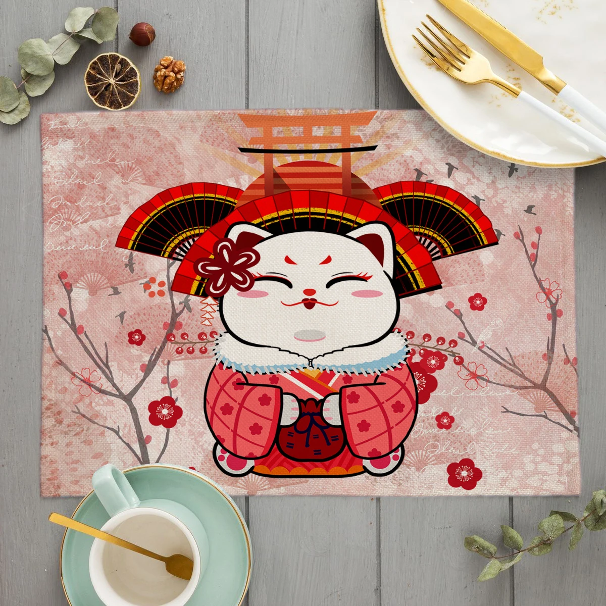 Japanese Lucky Cat Placemat MaNeKiNeKo Kitchen Decor Linen Dining Table Mats Coaster Pad Bowl Coffee Cup Mat Tablecloth 40X30cm