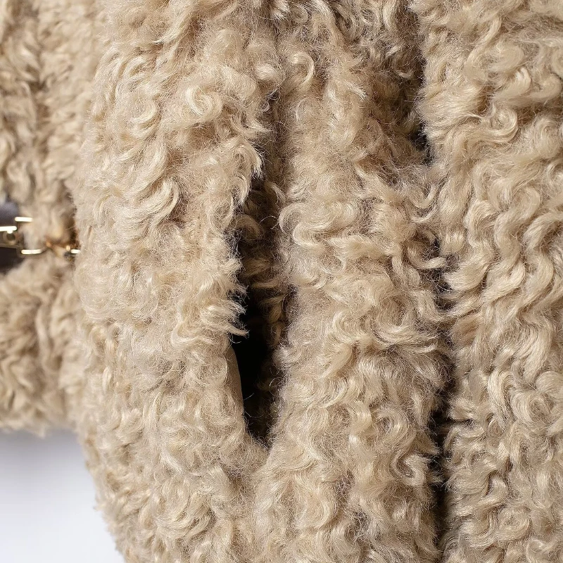 메탈 버클 인조 양털 재킷 라펠 솔리드 숏 플러시 코트 겨울 스타일리쉬 여성용 털 재킷 긴팔 푹신한 오버코트