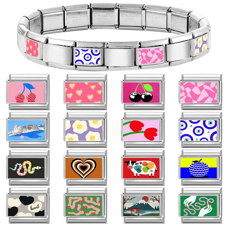2025 Original Y2K Colorful Cartoon Cow Cat Flower Italian Charm Links Fit 9mm Stainless Steel Bracelet Men Women DIY Making Gift