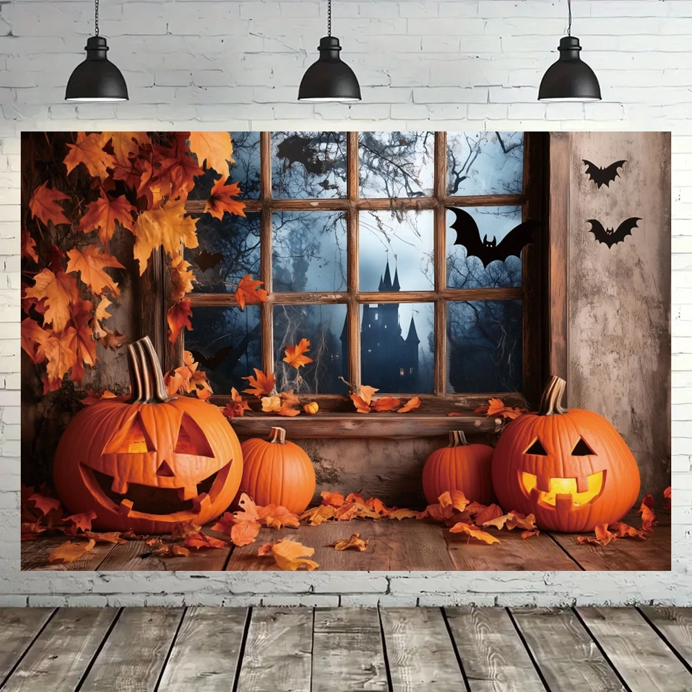 Spooky Halloween Backdrop for Photography Autumn Leaf Bat Fall Pumpkin Party Backgrounds Home Window Decorations Banner Props
