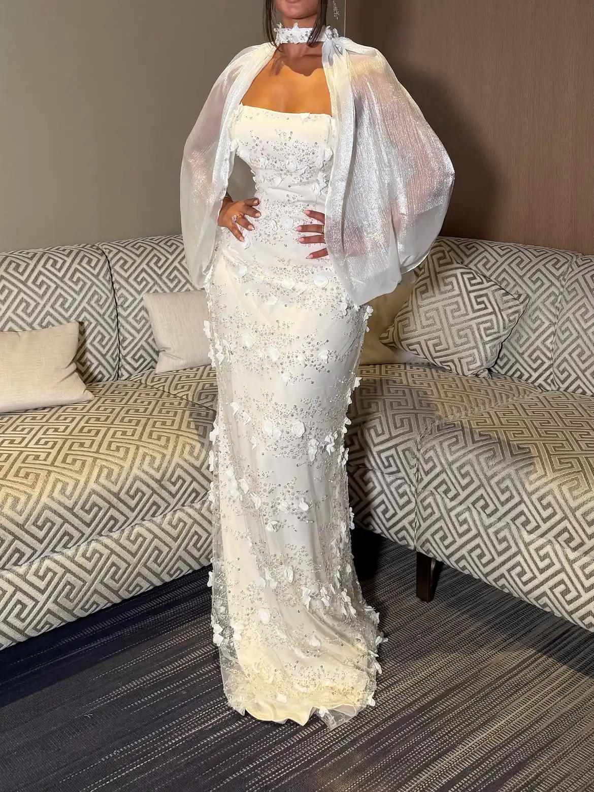 Luxury White Wedding Dresses Women Strapless Beaded 3D Floral Mermaid  Sheer Cape Sleeve Rhinestone Bridesmaid Dress 2026