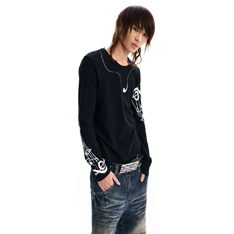 LUZHEN 2026 New Trendy Musical Note Pattern Printed Long Sleeve T-shirts Men's Handsome Round Neck Casual Male Clothes JY8681