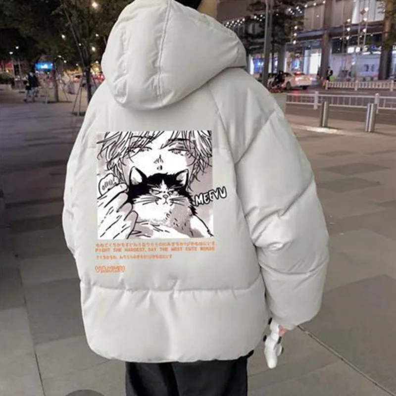 New Techwear Winter Jacket Men Parkas Women Anime Print Japanese Manga Harajuku Winter Man Warm Jacket Padded Hooded Couplewear