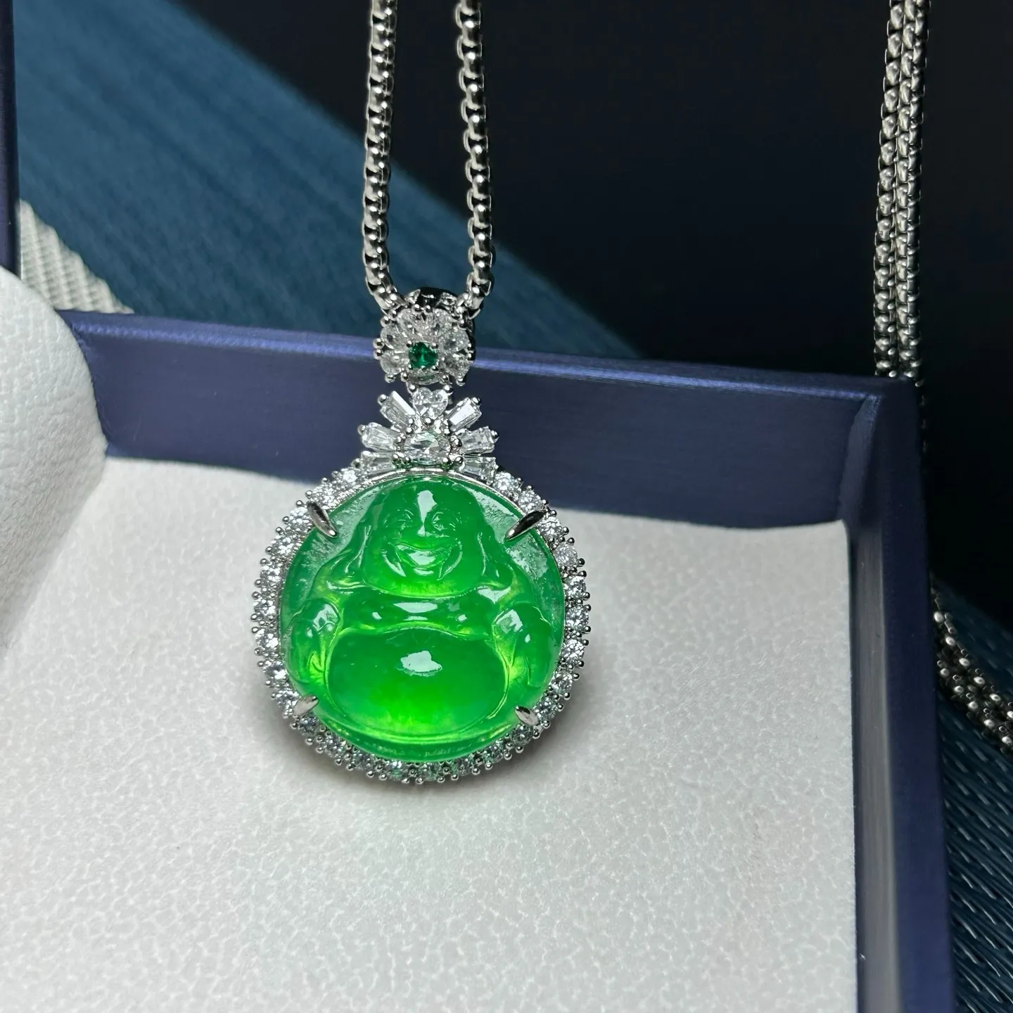 Inlay Nature ice green Burmese Jade Jadeite Carved Buddha luck Pendant&Necklaces