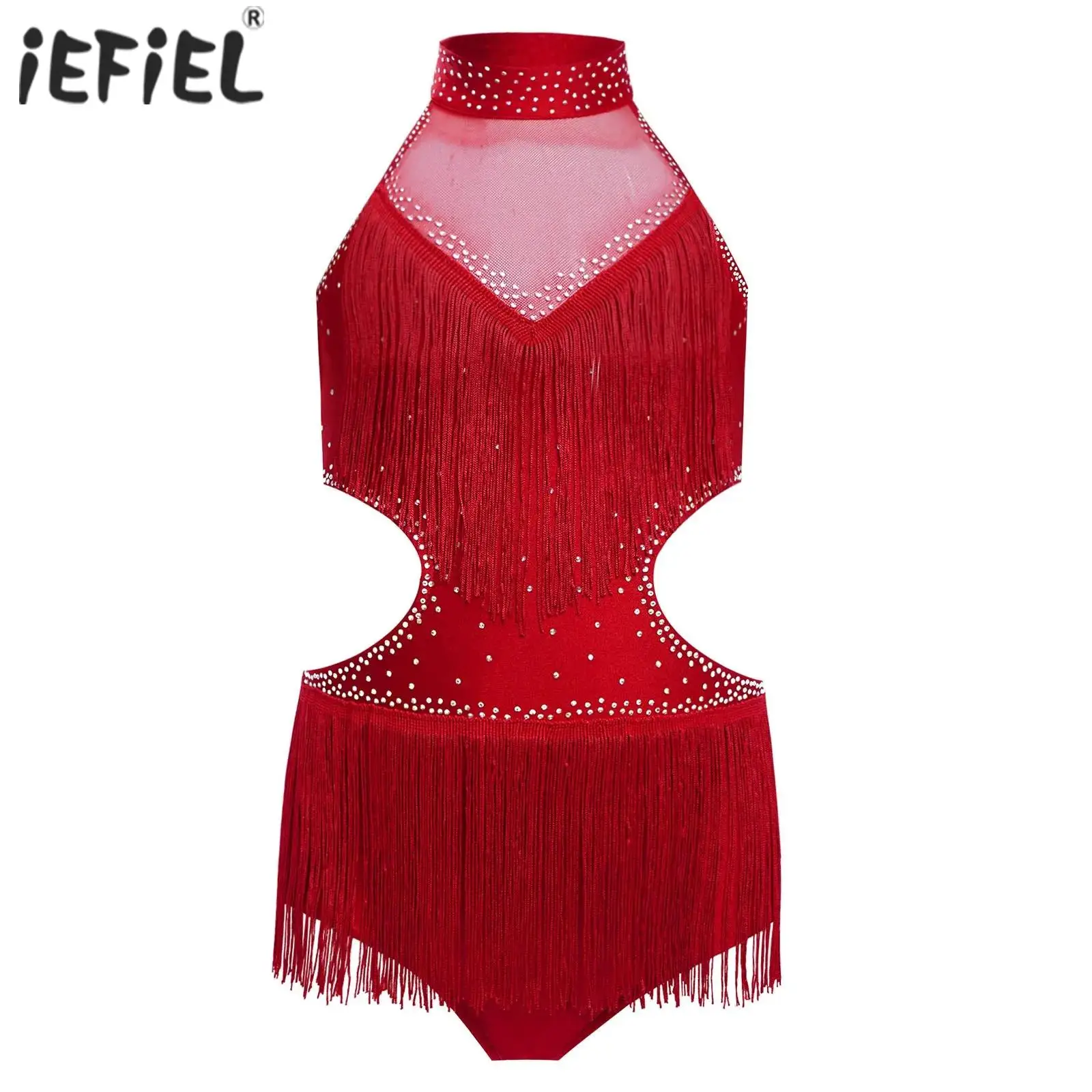 

Детское балетное трико для девочек, платье с кисточками, костюм для латинских танцев, без рукавов, с вырезом на спине, блестящие стразы, с бахромой, лирический купальник