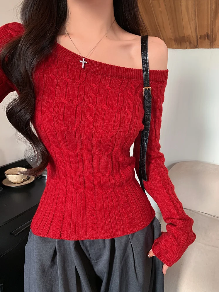 

Slim Fit Long Sve oulder Bared Knitted Sweater for Women Autumn Winter Vintage Sle Twist Casual Comfortable Top