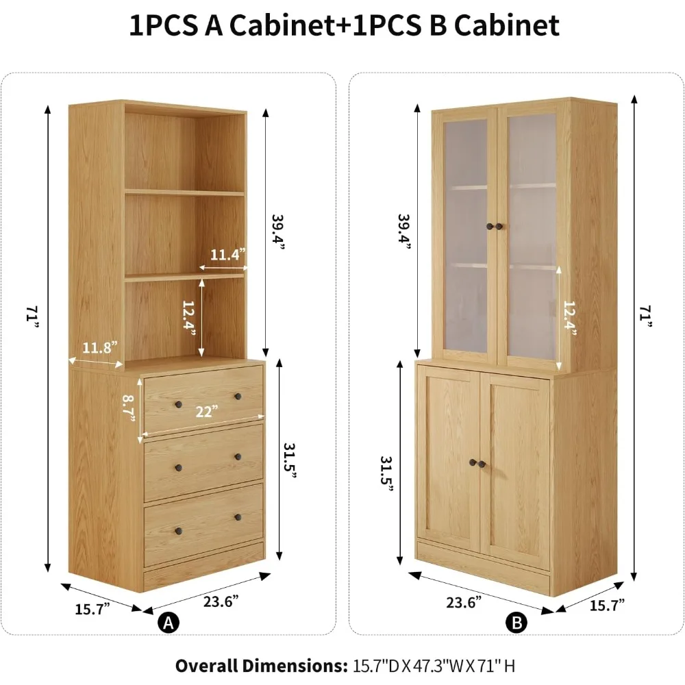 Vertical File Cabinet, 3-Tier Modern Bookshelf with 3 Large Drawer, Wood Filing Cabinet with Open Storage Shelf, Glass Doors and