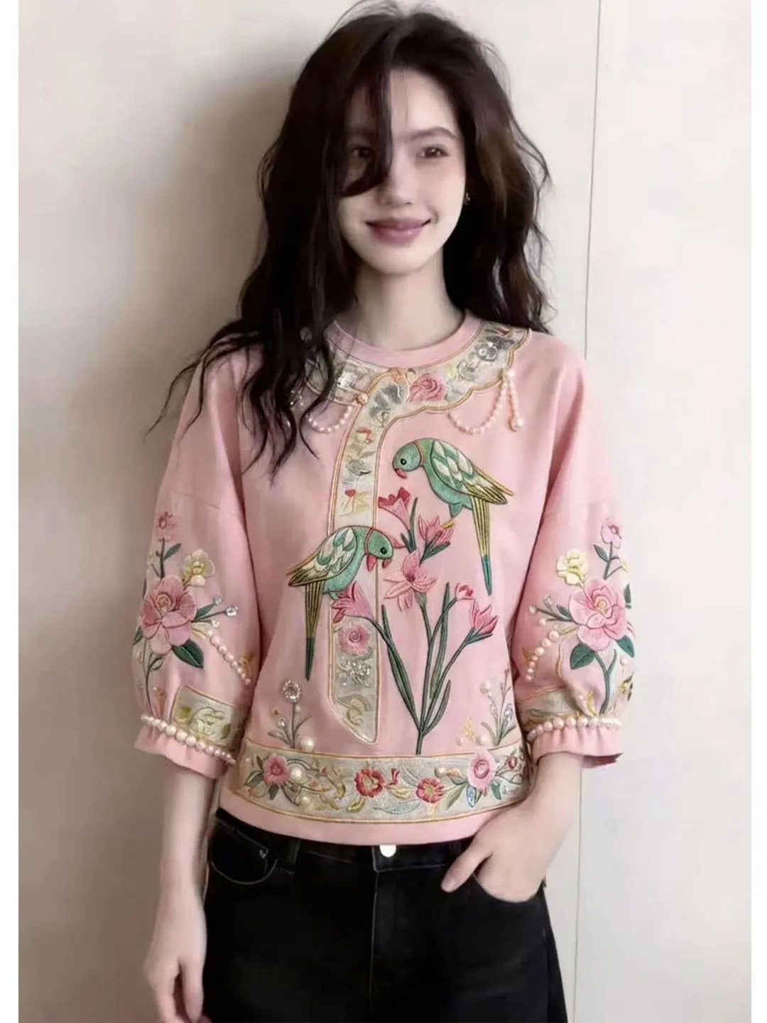 Elegant Comfortable Casual Top for Women Stylish Versatile Lightweight Luxury Autumn Season Seven Sleeve Printed Beaded Tshirt