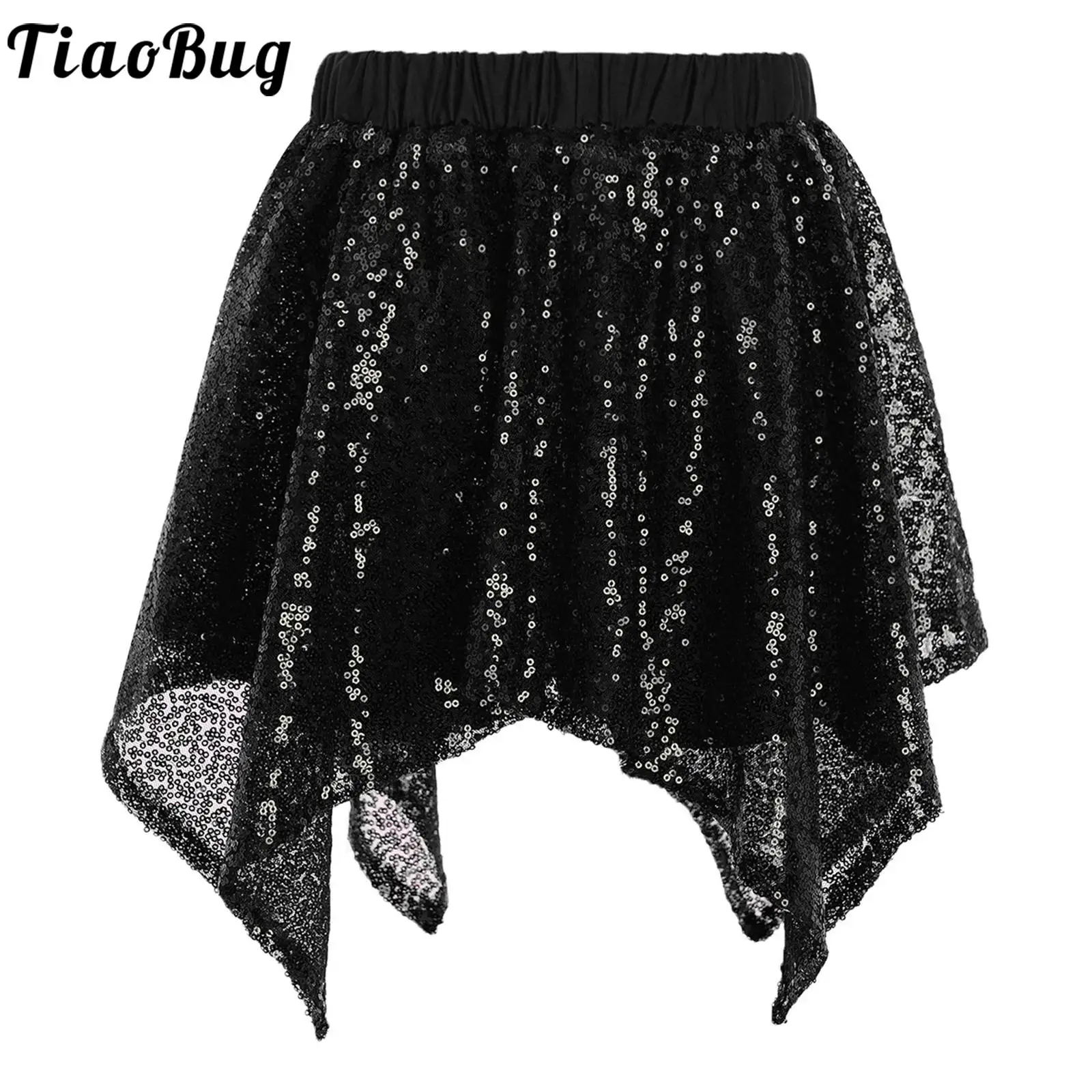 

Kid Girls Jazz Sparkling Sequin Skirt Irregular Hem Skirts with Built-in Shorts for Modern Street Dance Cheerleading Performance