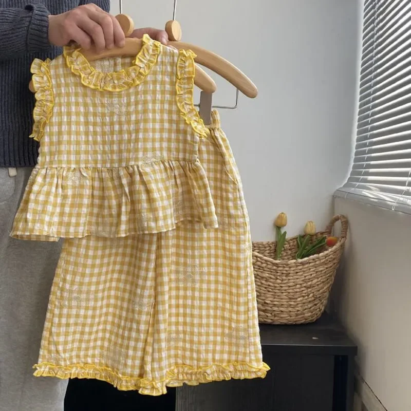 HoneyCherry New Girls Yellow Plaid Shirt+ Nine-minute Trousers Sets Cotton Fashion Kids Sets Girls Clothes Kids Boutique Clothes