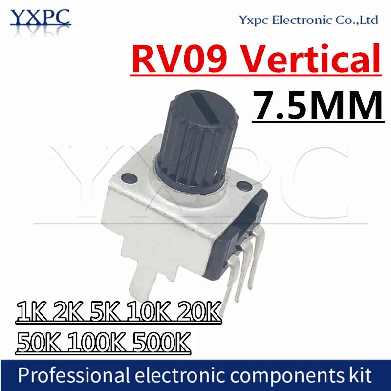 10pcs RV09 Vertical 7.5mm Shaft 1K 2K 5K 10K 20K 50K 100K 500K 0932 Adjustable Resistor 3pin Seal Potentiometer