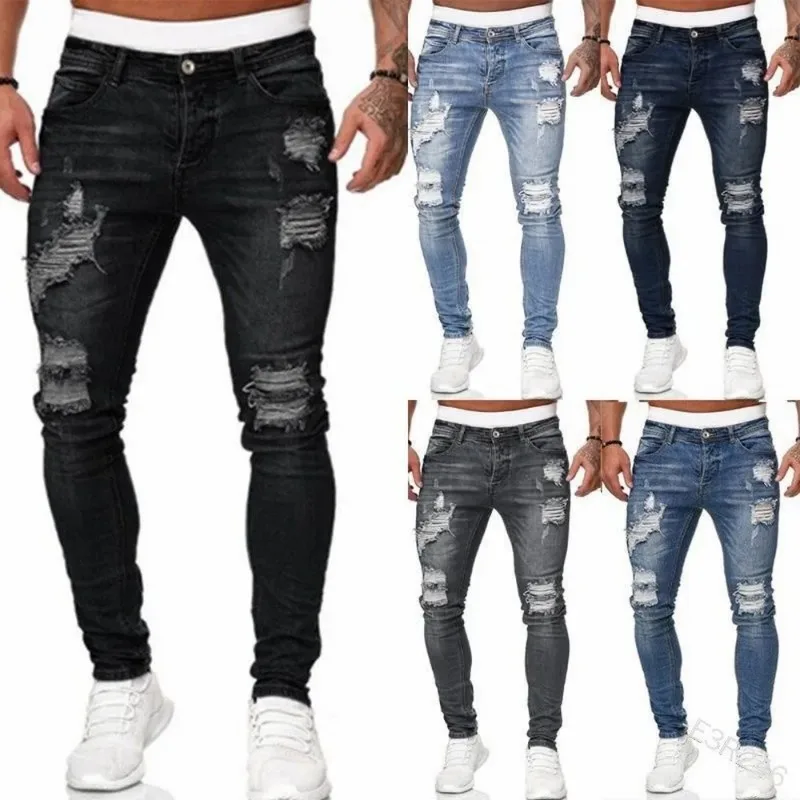 2024 novo rasgado calças de brim magros dos homens do vintage lavagem elástica biker buracos denim calças casuais magro corredores angustiado streetwear