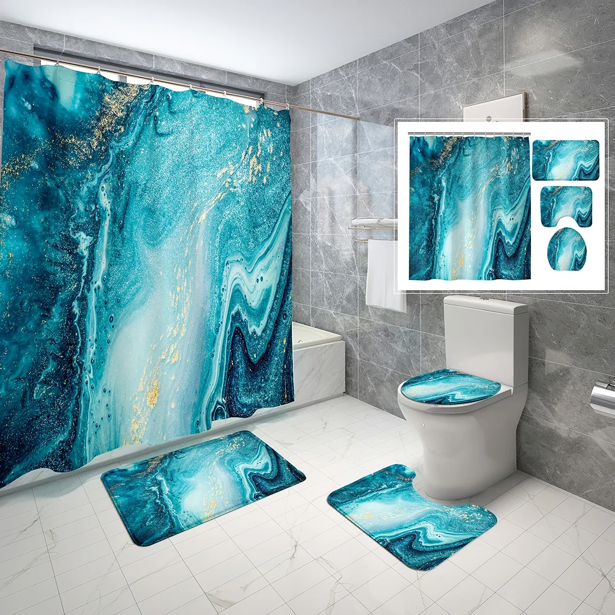 4 Pcs Stone Pattern Shower Curtain Sets with Non-Slip Rugs Mat Toilet Lid Stone Surface Pattern Waterproof Shower Curtain Set