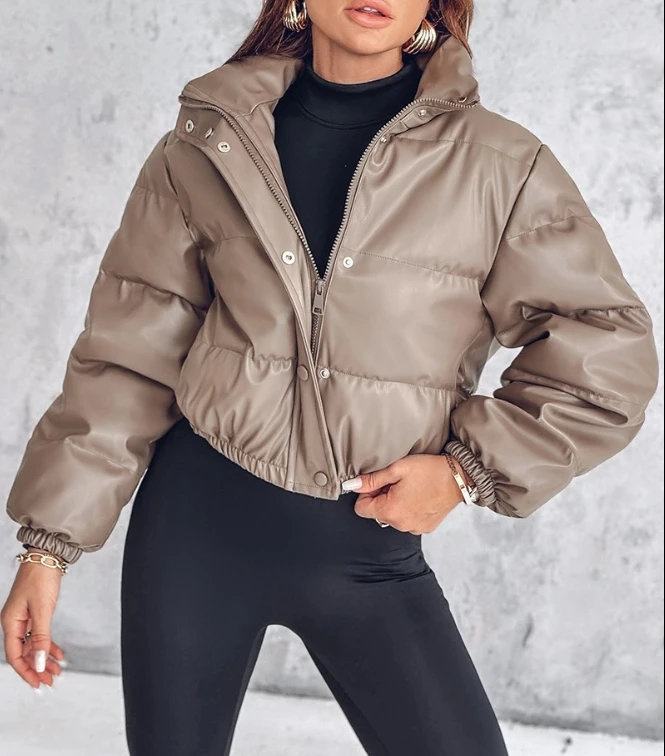 

Quilted Jacket Woman 2024 Autumn Winter PU Leather Stand Collar Snap Button Zip Up Long Sleeve Casual Crop Quilted Puffer Coat