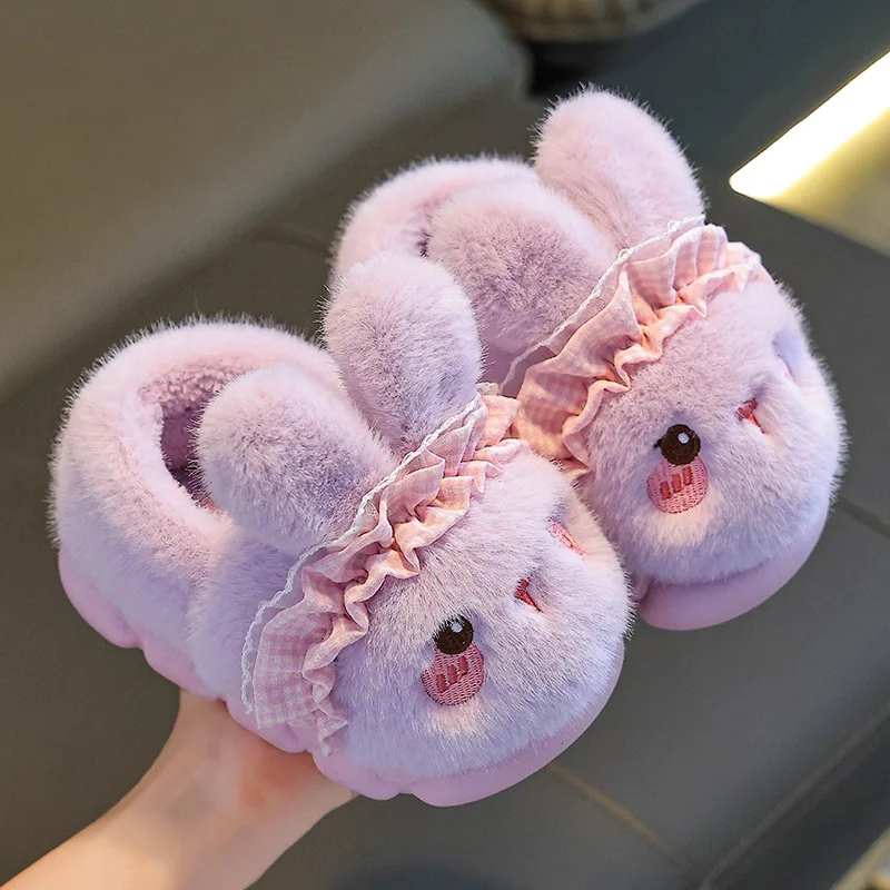 Autumn and winter children's slippers girls warm velvet rabbit cute fluffy parent-child home baby bag and cotton shoes